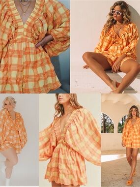 Mable Orange Plaid Ruffle V-Neck Mini Romper  Small fits medium